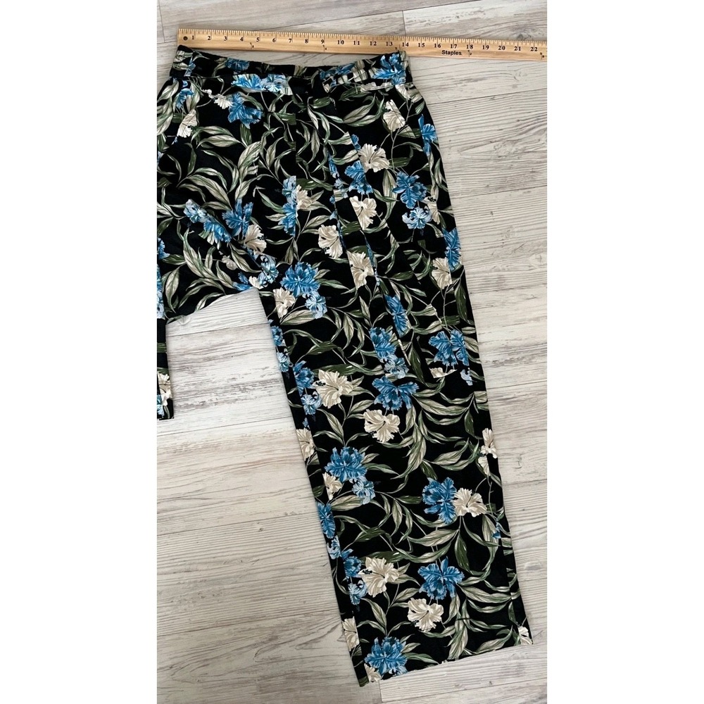 Kensie Floral Linen Blend Tie Front Crop Pants Women M Blue Blk Floral Tropical - Picture 5 of 10
